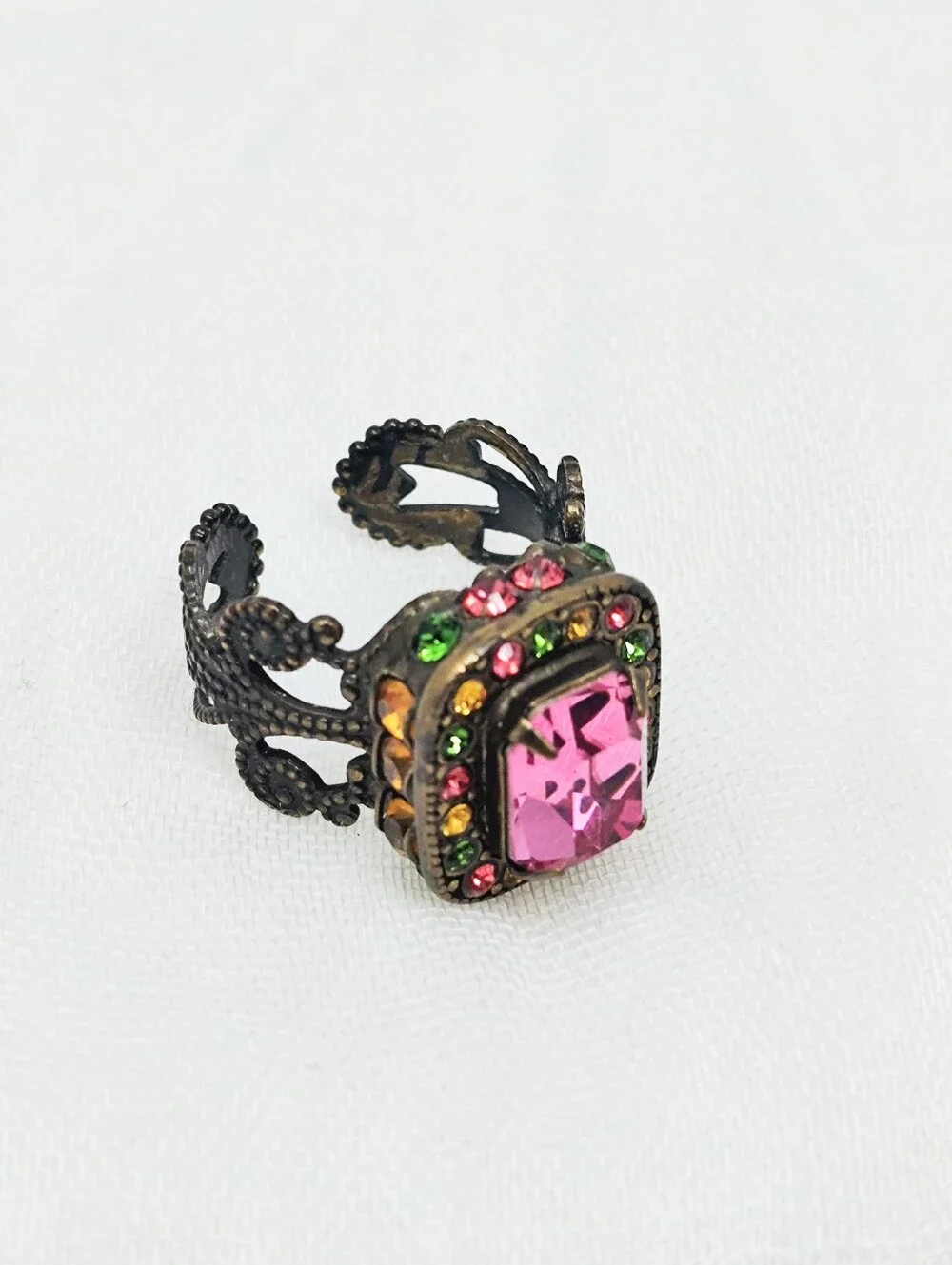 Sorrelli Juicy Fruit Statement Vintage Adjustable Ring Pink Green Stones